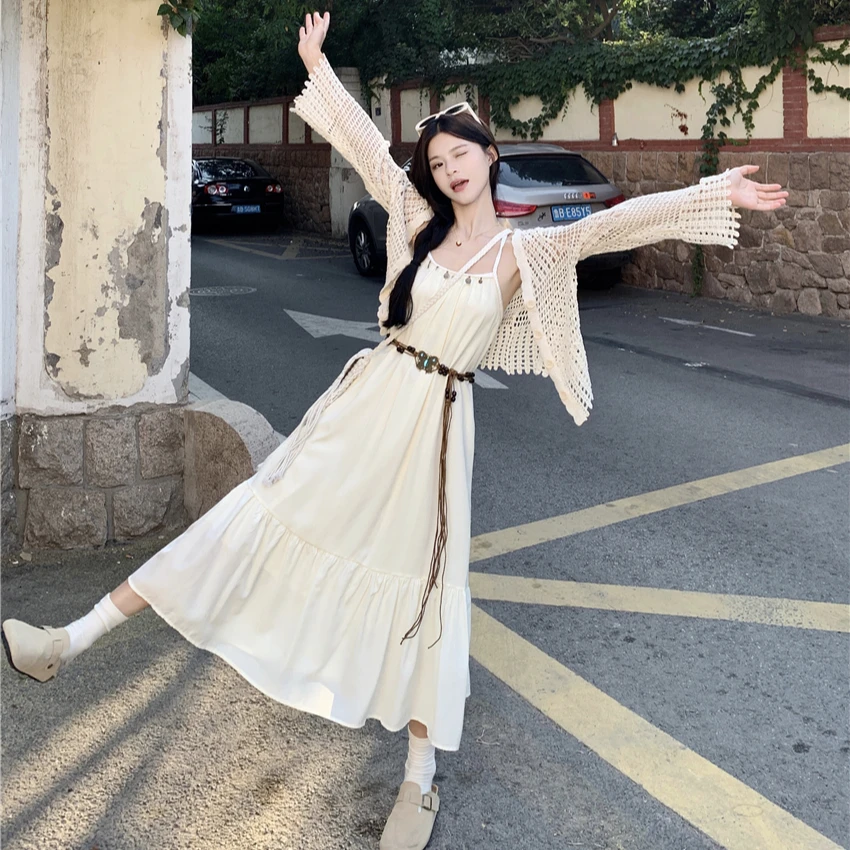 夏季超仙宽松吊带长裙子度假风连衣裙女+蕾丝镂空防晒开衫805#