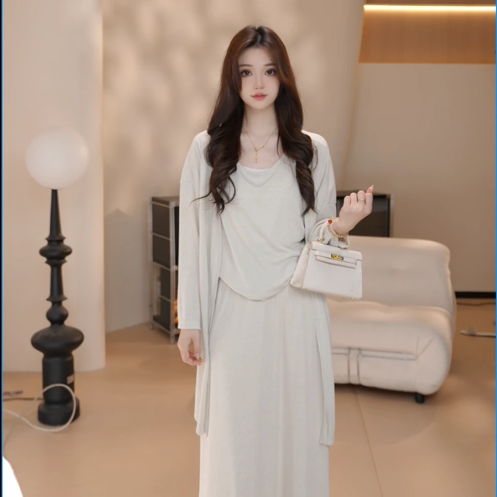 Basic House/百家好CSM夏季慵懒风韩系吊带背心防晒开衫半裙套装