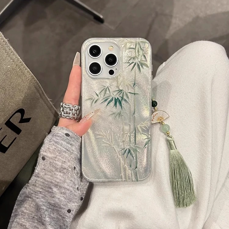 绿色羽纱竹子中式适用苹果16promax手机壳新款iphone14pro保护套