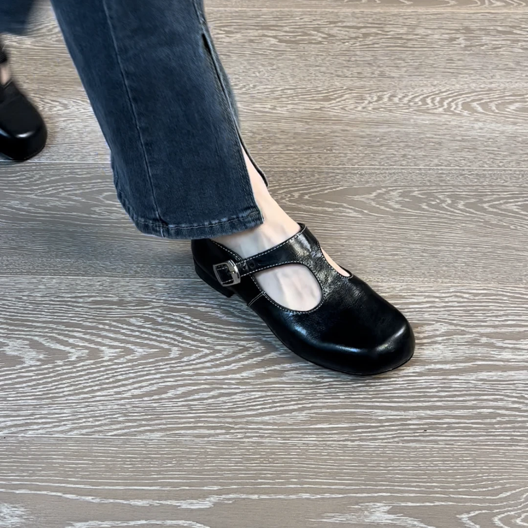 1.5CM头层羊皮单鞋浅口丁字扣软底圆头平底单鞋女士玛丽珍女鞋