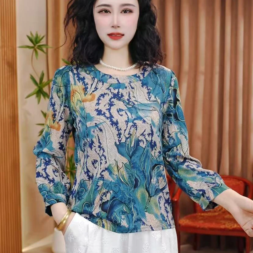 新款定制时尚洋气妈妈装显瘦百搭气质圆领减龄休闲印花小衫