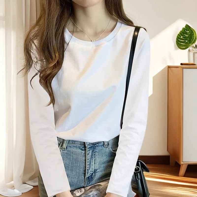 早春白色打底衫女款爆款2025新款显瘦宽松圆领休闲纯棉长袖女上衣