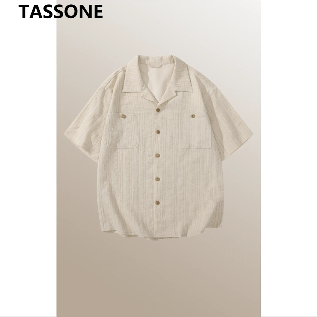 赞仕复古亚麻条纹提花短袖衬衫宽松百搭肌理感短袖衬衣668