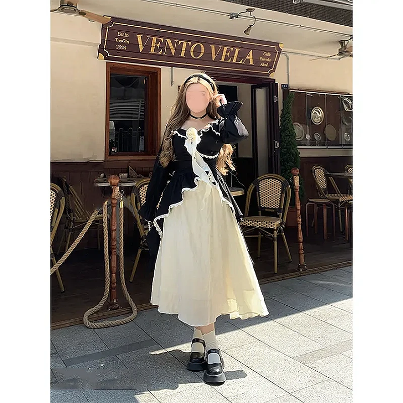 微胖mm大码长裙拼接早秋蕾丝拼接长袖赫本风气质显瘦法式套装9945