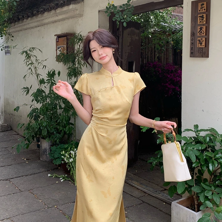 佐佐家小个子新中式改良版蝴蝶印花压褶旗袍夏季女修身显瘦长裙子