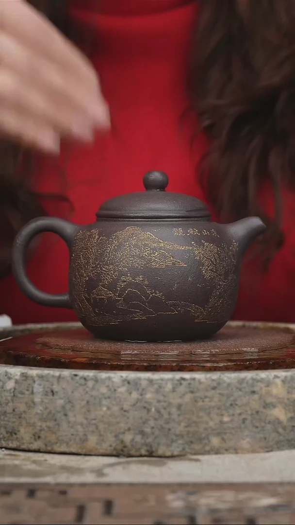 【闪购商品】紫砂茶壶宜兴原矿无添加天青匏樽刻绘300cc