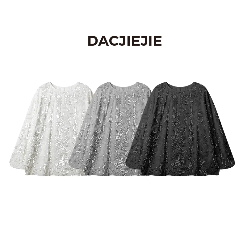 【亮片T恤】时尚长袖气质蕾丝重工宽松设计师复古百搭上衣