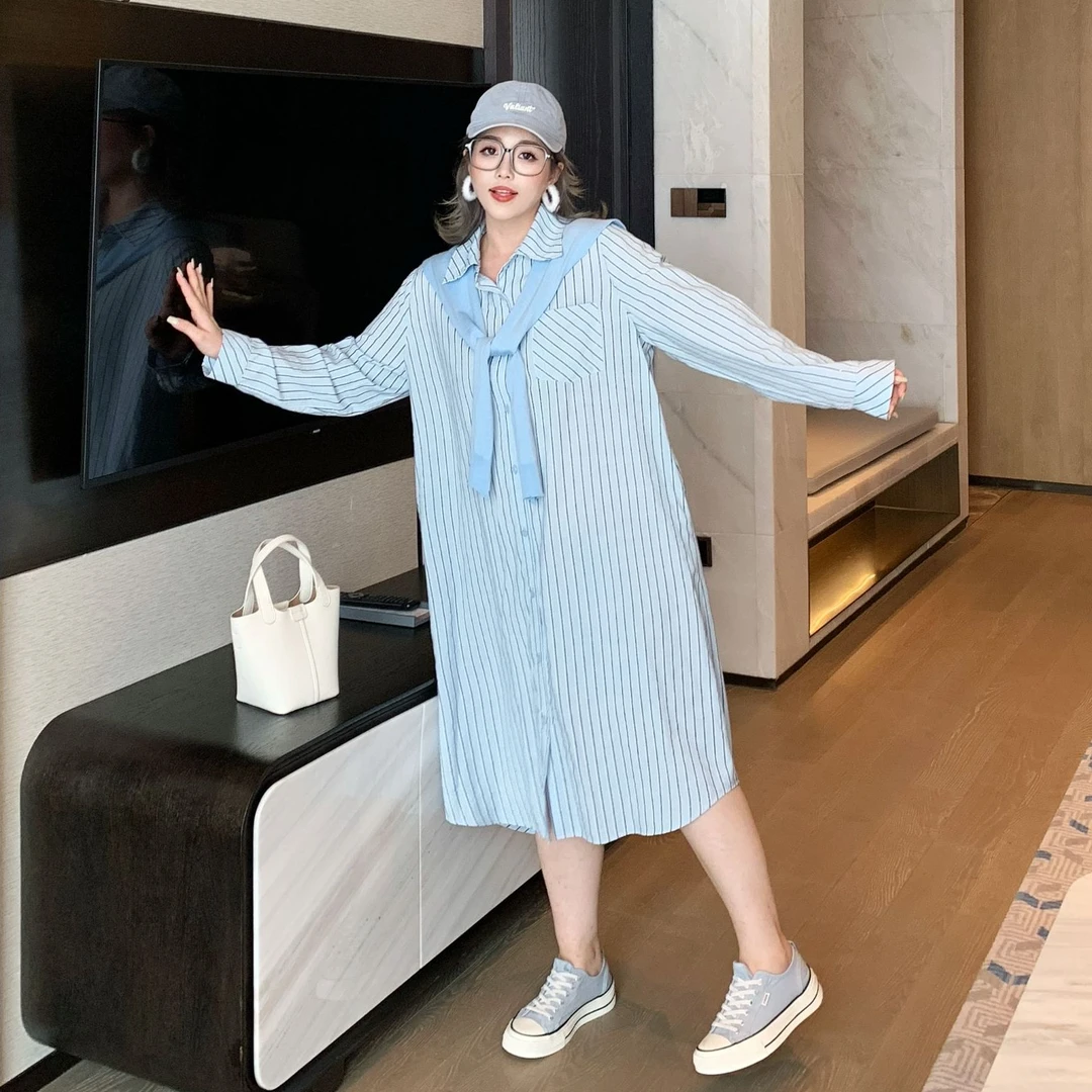 媛子大码条纹衬衫裙披肩法式慵懒风25春季新款韩系港风氛围感女装