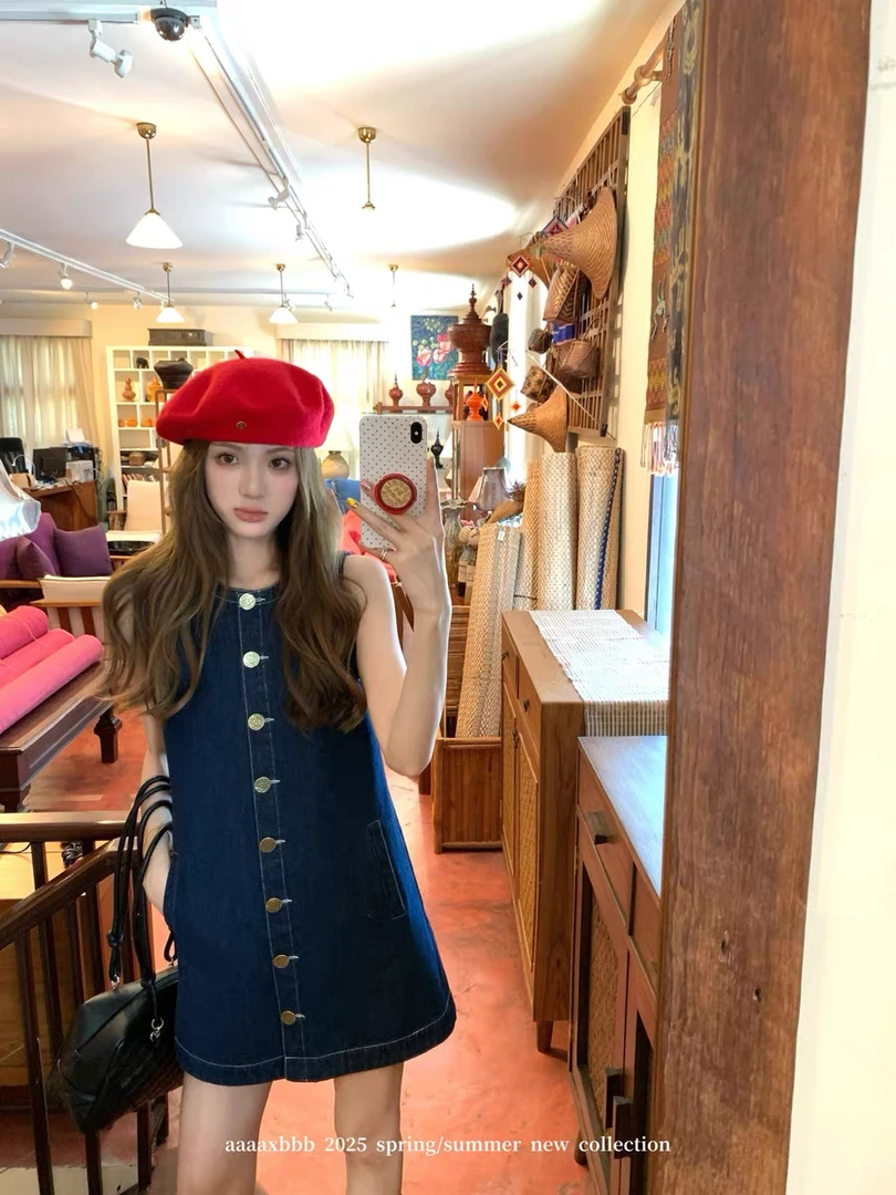 aaaaxbbb同款南法湖边牛仔背心裙单排扣复古时髦微收腰无袖连衣裙