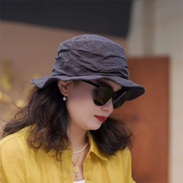 山本风亚麻褶皱渔夫帽子女春夏复古盆帽显脸小防晒遮阳帽 05317