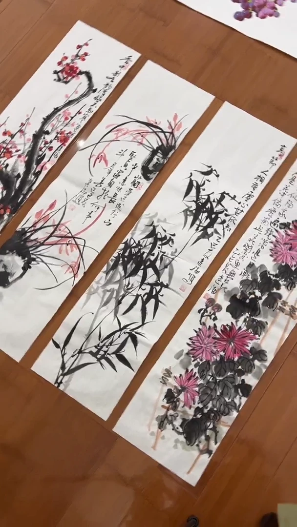 国画【福利，纯手工手绘】文建海梅兰竹菊24*98厘米*4幅