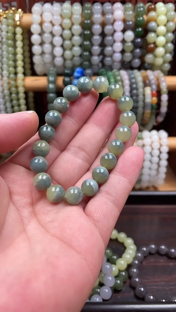 未镶嵌手串和田玉蓝皮黄口聚宝盆卡十圆珠单圈手串