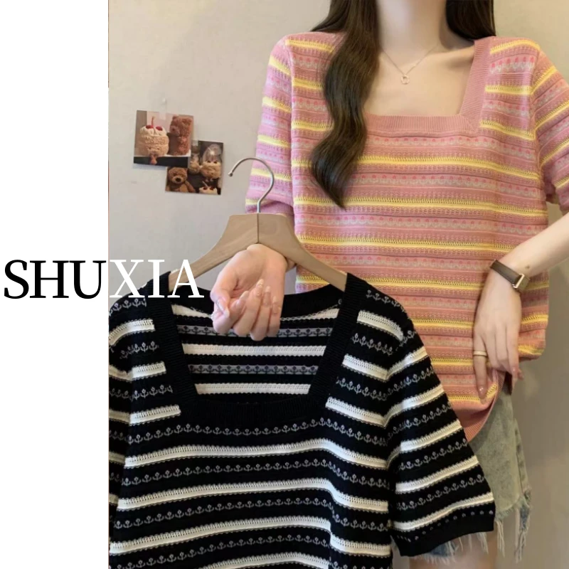 【现货+运费险】大码方领正肩撞色条纹针织宽松短袖透气遮肚子显瘦