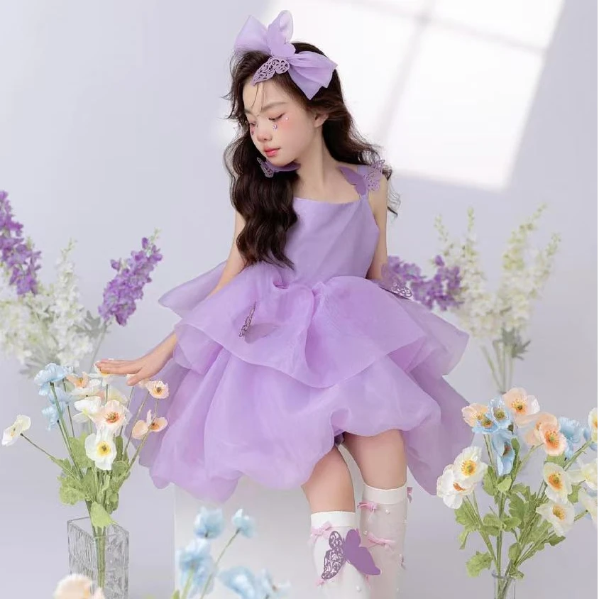 新款儿童摄影服装春天紫色裙子女孩艺术照拍摄服装影楼写真手捧花