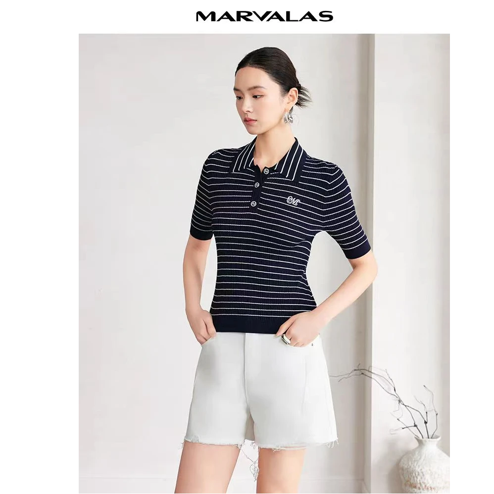 【商场同款】曼德诗短款T恤休闲条纹套头衫女M733109992-1