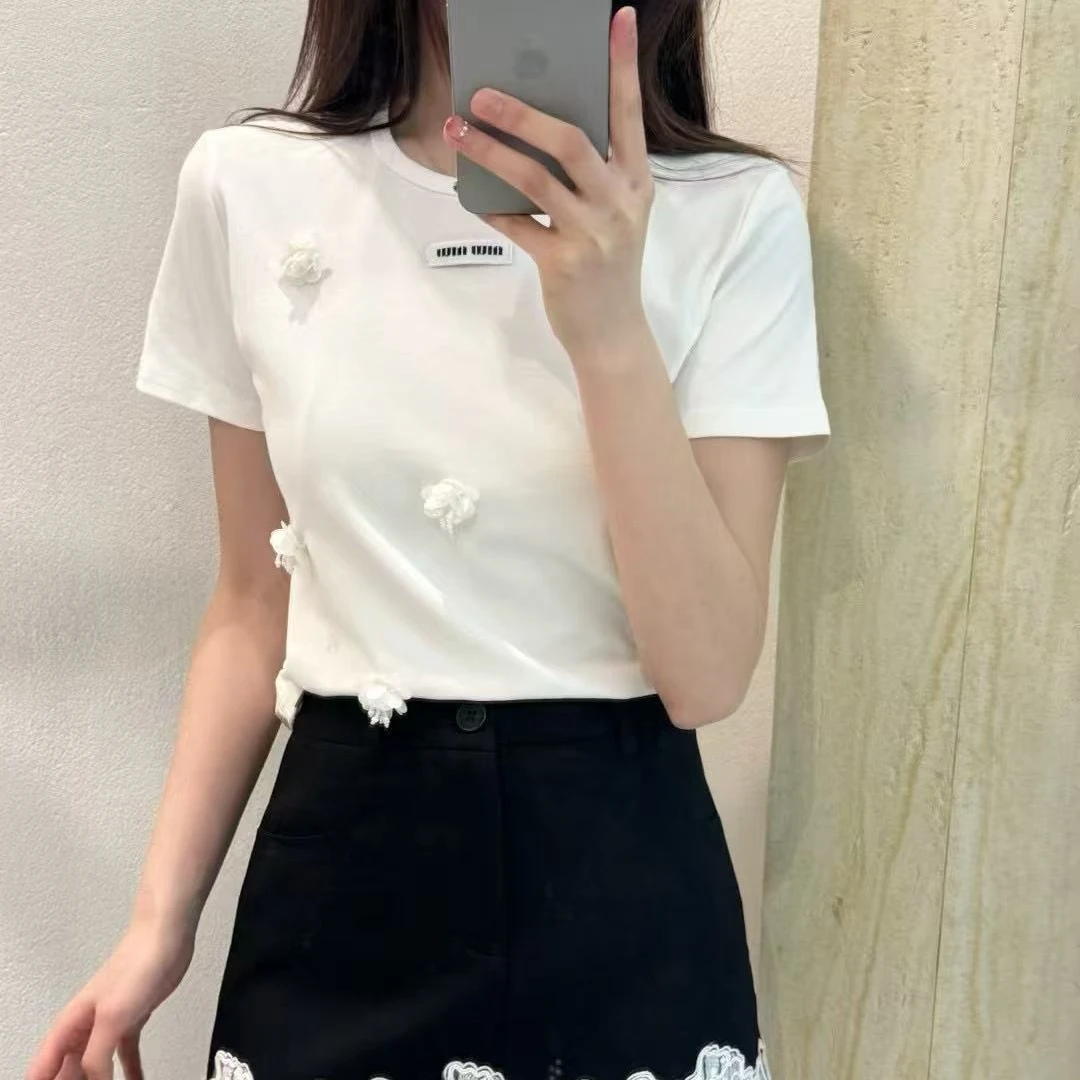 手工立体花朵围脖街头风极简风纯欲风短袖圆领T恤拼接百搭夏季