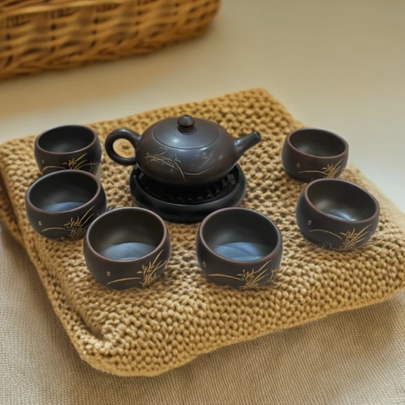 广西钦州坭兴陶精品套装（一壶六杯）线刻手工拉坯手工雕刻200毫升