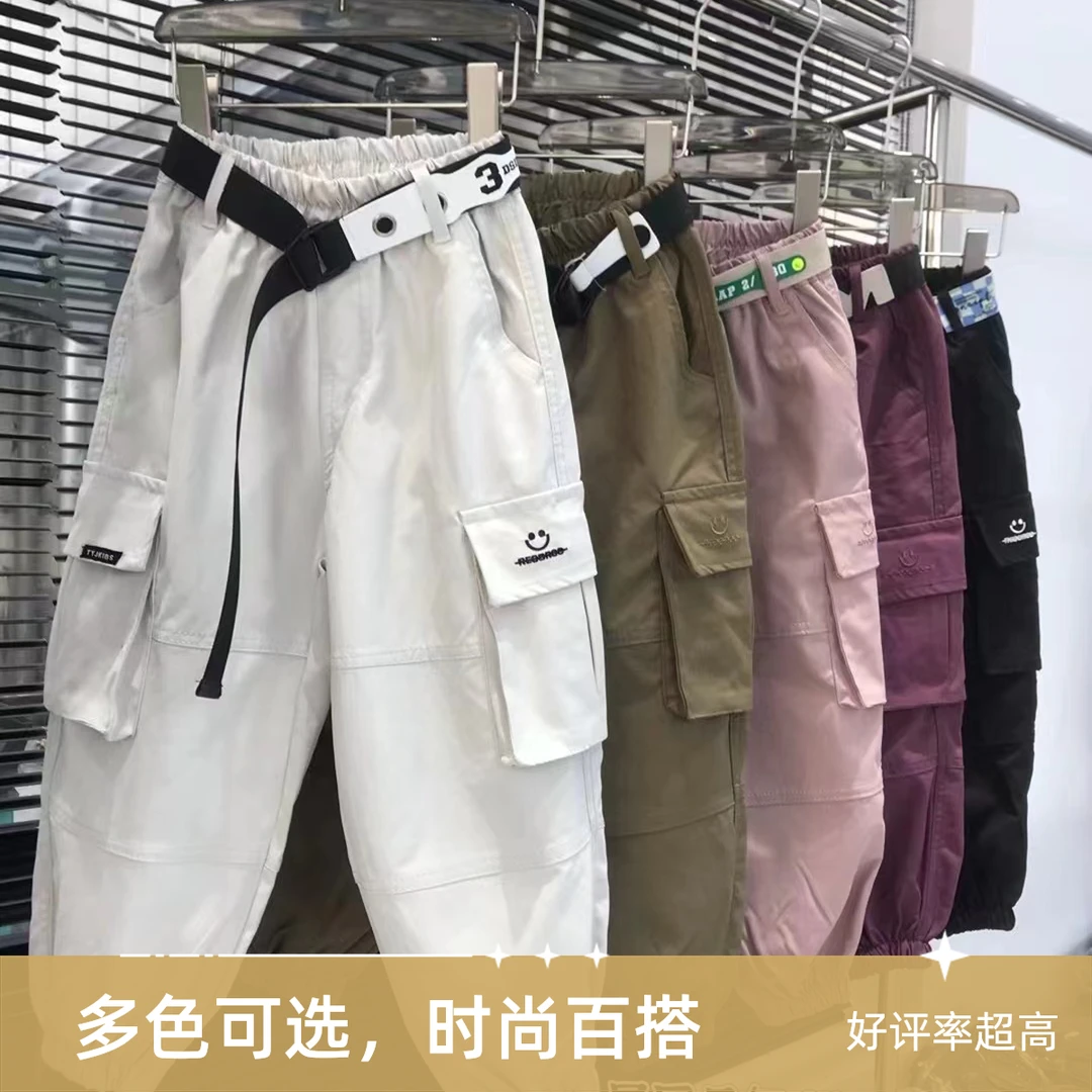 《SNBB》  2024秋季儿童韩版时尚帅气刺绣笑脸多口袋工装裤  A002