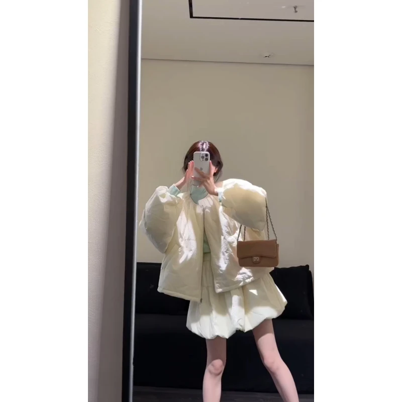2025秋季新款女法式气质宽松圆领长袖棉服外套高腰显瘦花苞半身裙