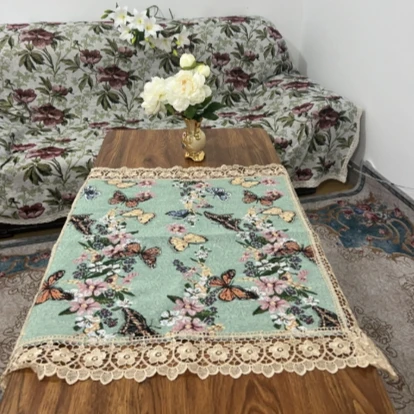 ZN111-83棉麻【75*75】绿蝴蝶水溶花边棉麻交织布棉边桌布茶几布