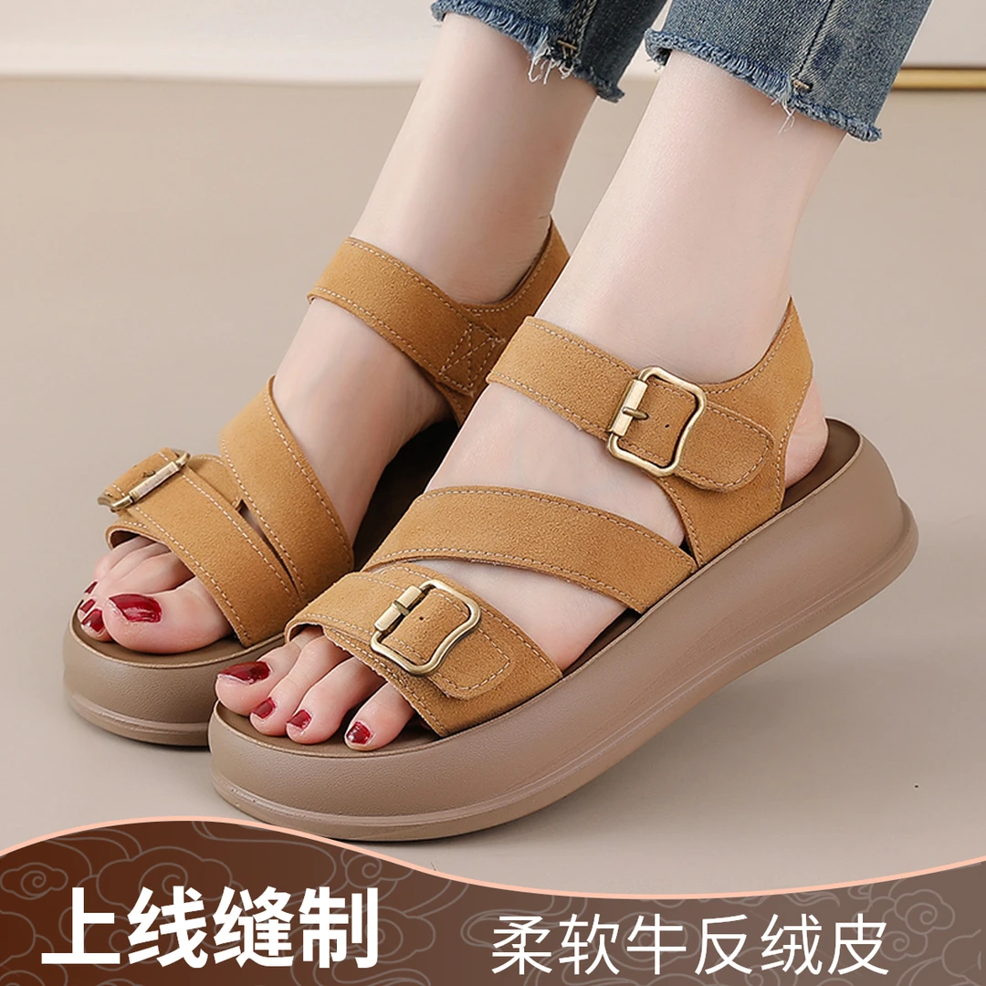 上线缝制缝制真皮罗马凉鞋适合开车的凉鞋女平底防滑松糕底沙滩鞋