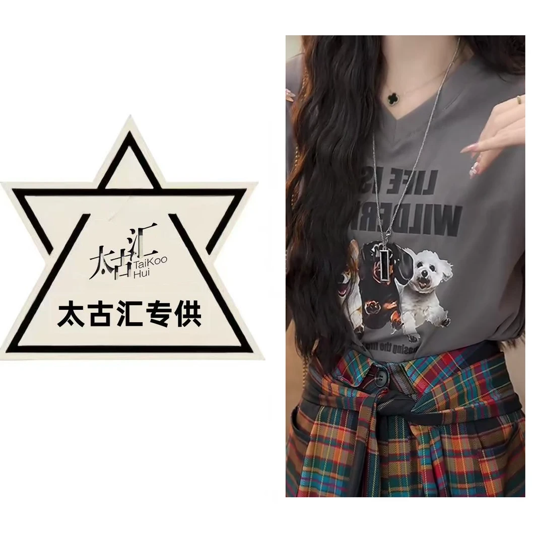 【角落的猫】新款显瘦复古短袖T恤上衣时尚夏季圆领设计感