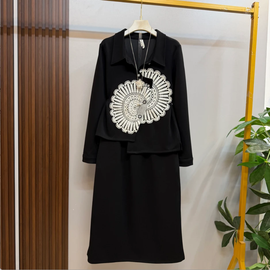 早秋新款时尚气质重工刺绣工艺上衣十半身裙两件套套装