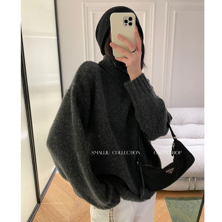 SMALLU 羊毛叠加翻领保暖极简外穿深灰毛衣