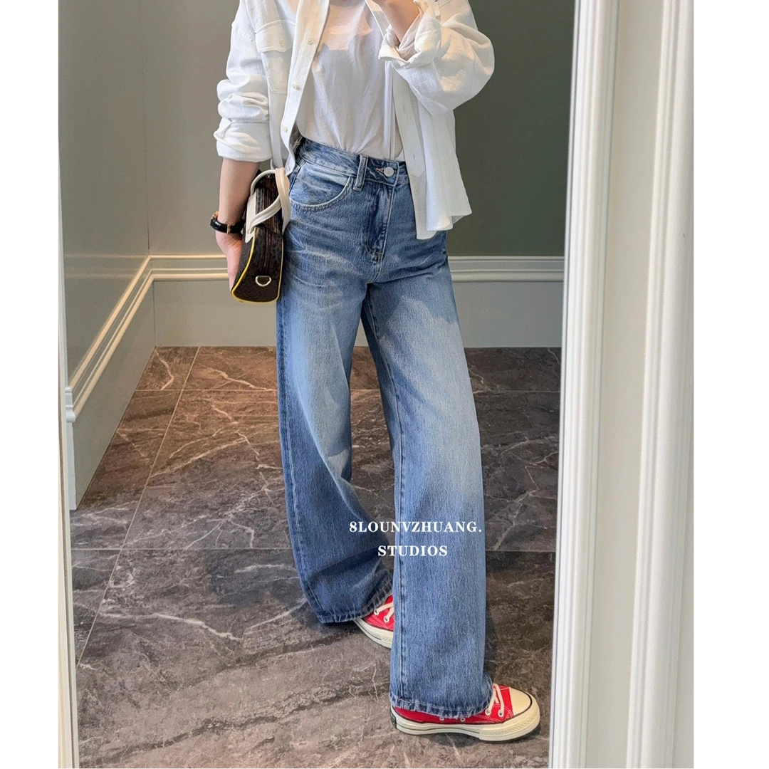小个子阔腿裤花匣子牛仔裤2025春季新款9175爆款蓝色显瘦窄版直筒