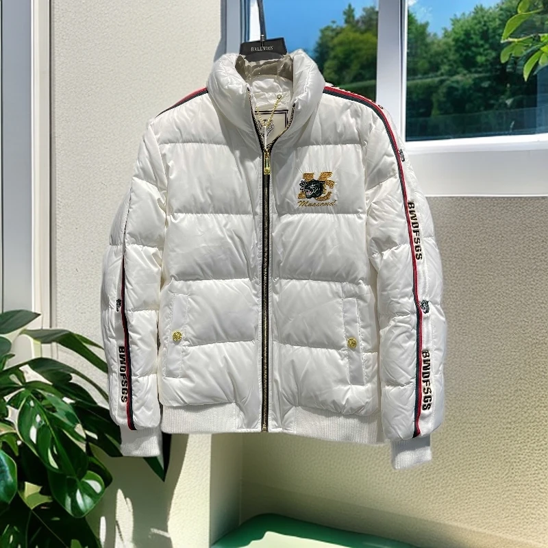 娜罗普西白鸭绒外套男时尚保暖立领夹克男冬款休闲织带拼接羽绒服