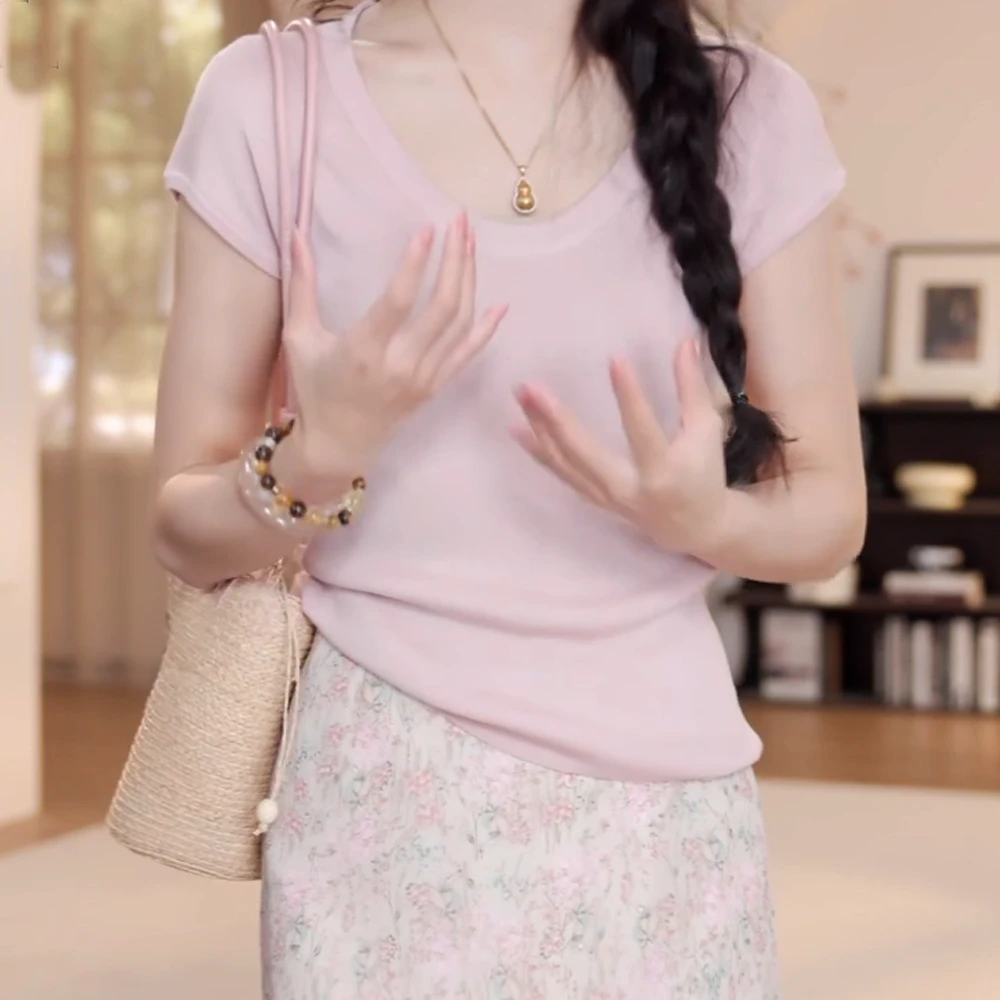 夏季百搭纯色U领针织衫女2025新款修身显瘦短袖上衣LK2503698