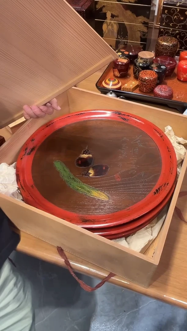 根来塗 雕刻茶盘四片（作家器）