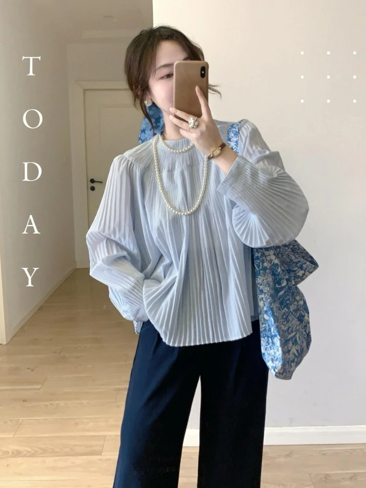 气质小众不撞款洋气独特别致上衣高级感设计感蓝色长袖衬衫女夏季