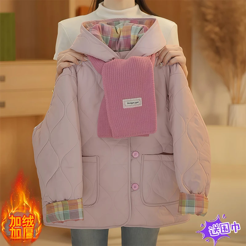 女童加绒棉服派克服2025新款秋冬加厚格子拼色连帽外套加棉冲锋衣