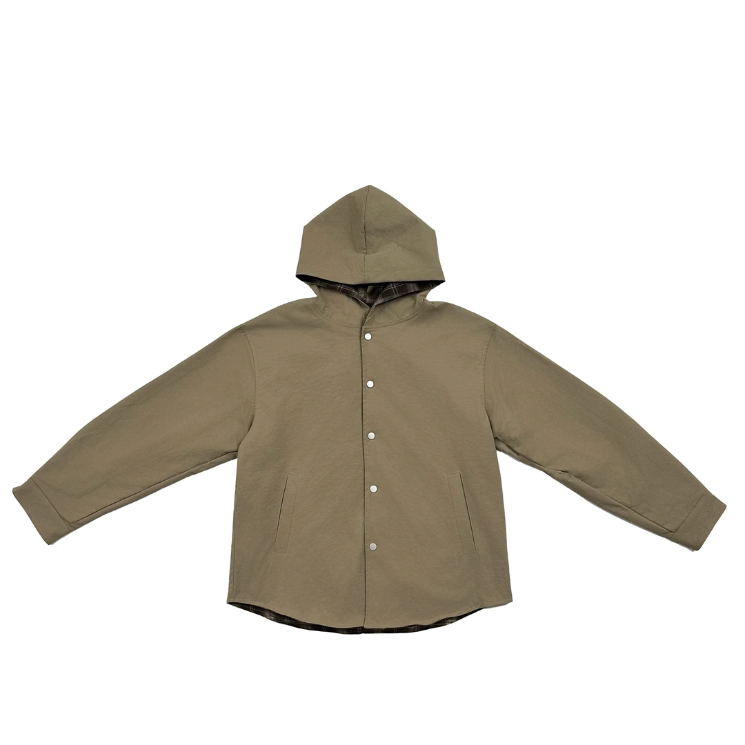 秋季新款格纹拼接带帽双面穿防风日常宽松休闲外套男女同款-杏色