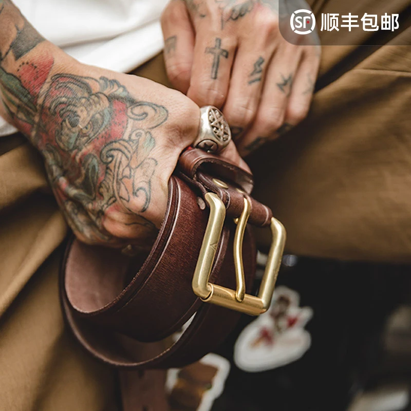 马登工装 美式复古头层植鞣牛皮腰带黄铜单针扣头硬汉裤腰带男士