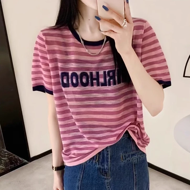 冰麻条纹薄款短袖T恤新款上衣女2025夏季时尚字母宽松百搭针织衫