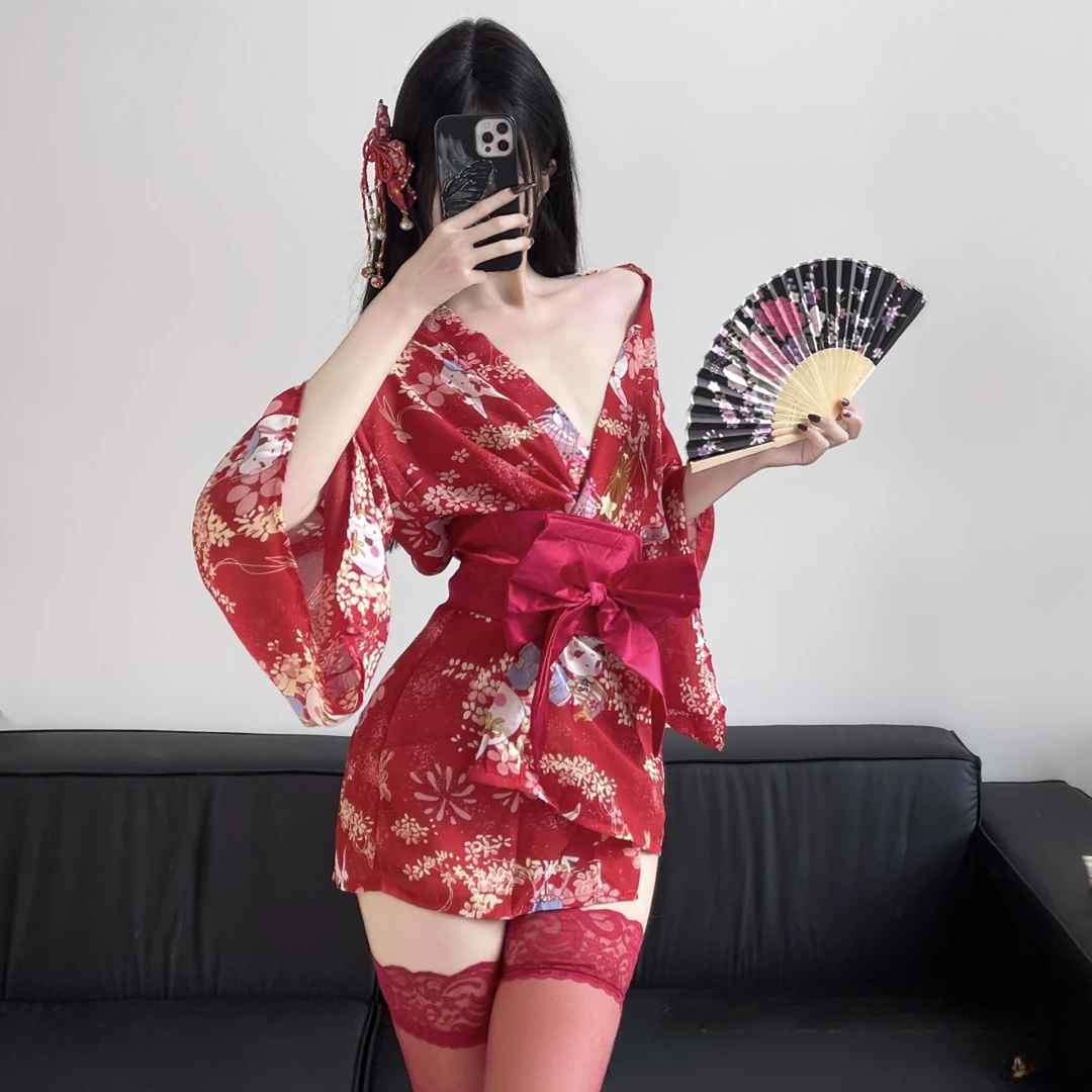 「东京少女」薄款日式和服家居服雪纺睡裙开襟浴袍性感新年战袍