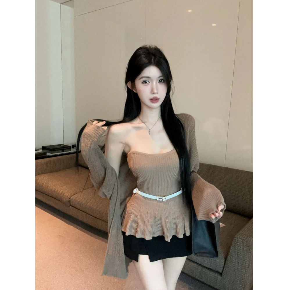 法式气质抹胸荷叶边下摆抹胸上衣+毛衣+腰带3件套女配显瘦半身裙