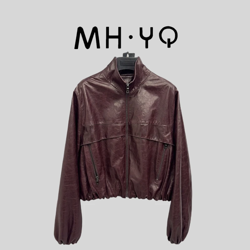 【全息玫瑰】摩登洒脱中古机车皮夹克立领松紧腰真皮宽松短款外套女