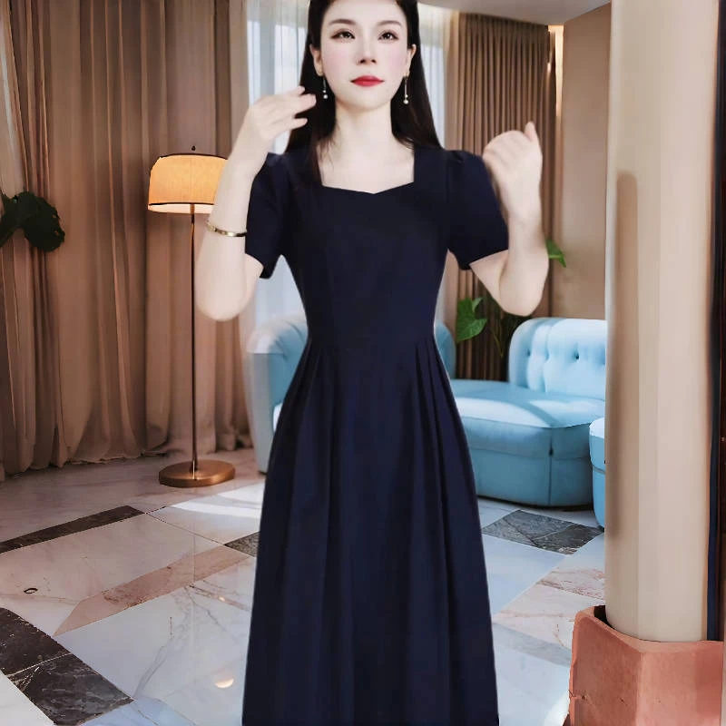 短袖裙子中长款裙子显瘦收腰裙夏季短袖赫本风连衣裙优雅时尚气质