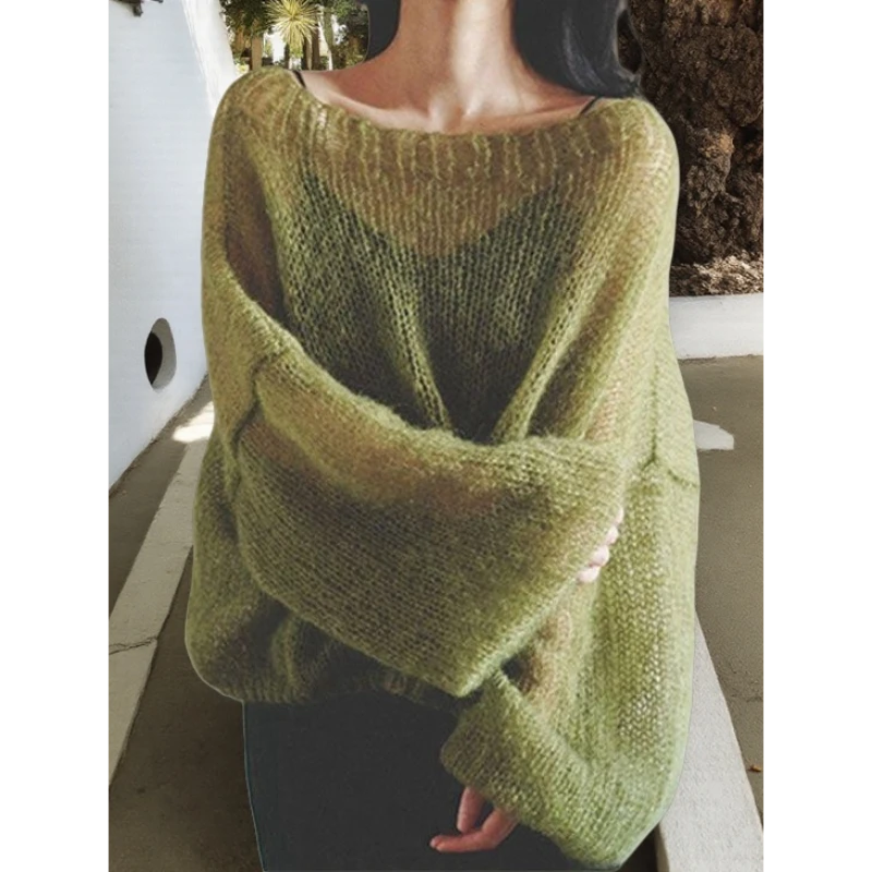 真心漂亮！镂空毛衣女一字领高端绿色时尚早秋针织衫手工编织上衣