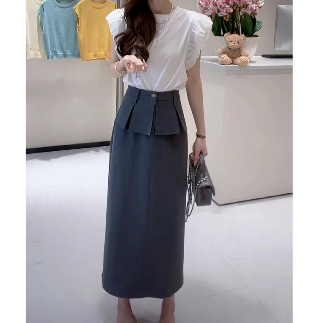 韩系显瘦开叉假两件半身裙女2025夏季新款气质通勤百搭纯色裙子