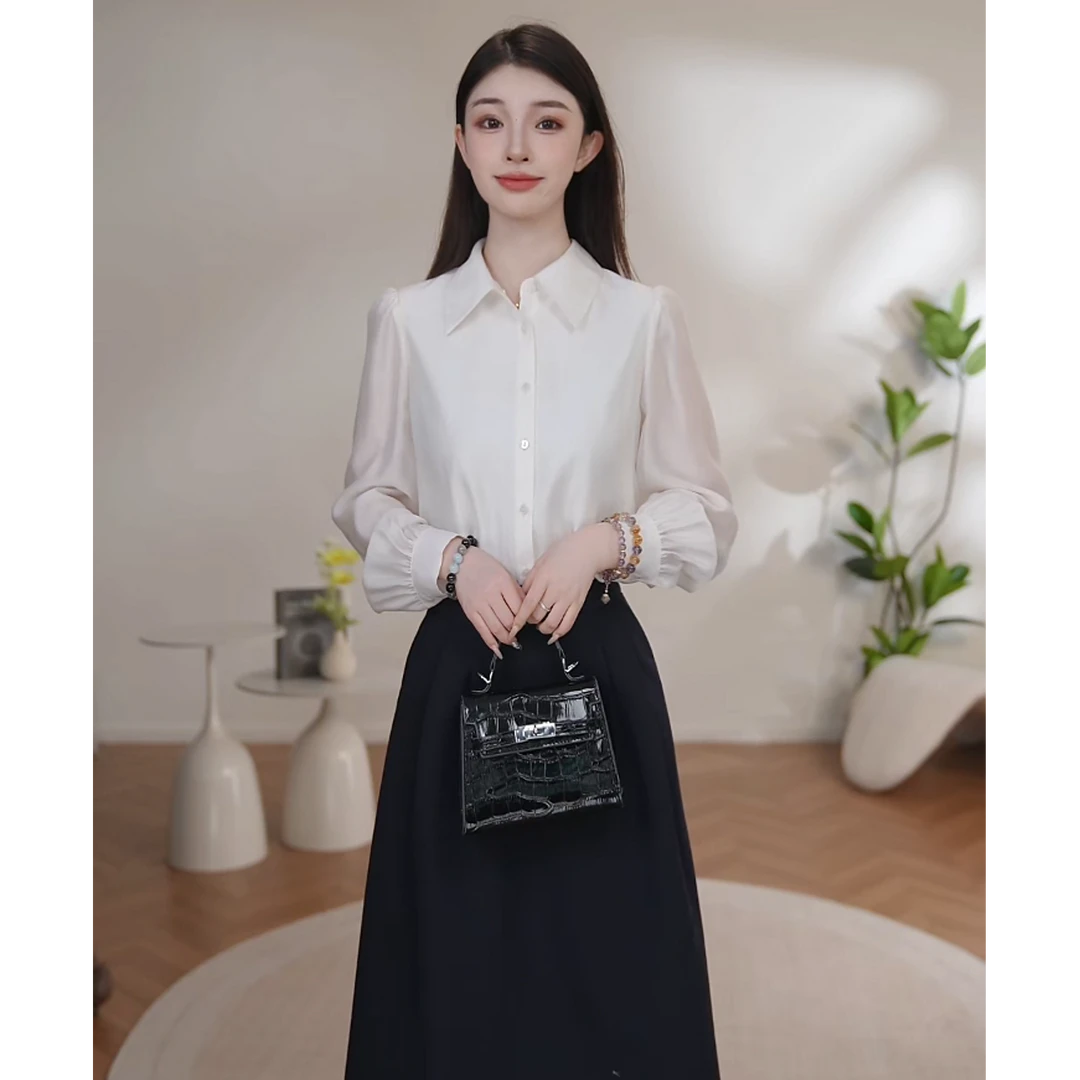 【曼贝】系带可拆卸天丝长袖衬衫女春秋新款百搭上衣8593189【珮珮】
