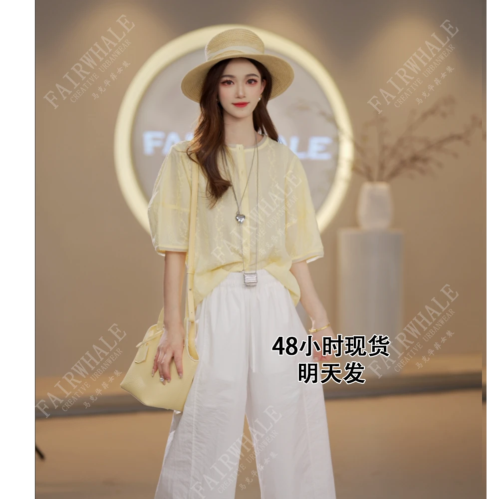 马克华菲舒适简约纯色百搭气质圆领女短袖单排扣衬衫上衣 v