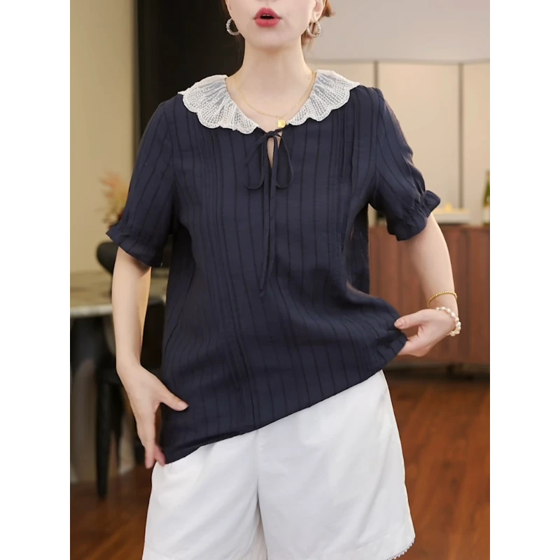 2025夏季新款韩版大码时尚简约设计感娃娃领女显瘦上衣减龄休闲