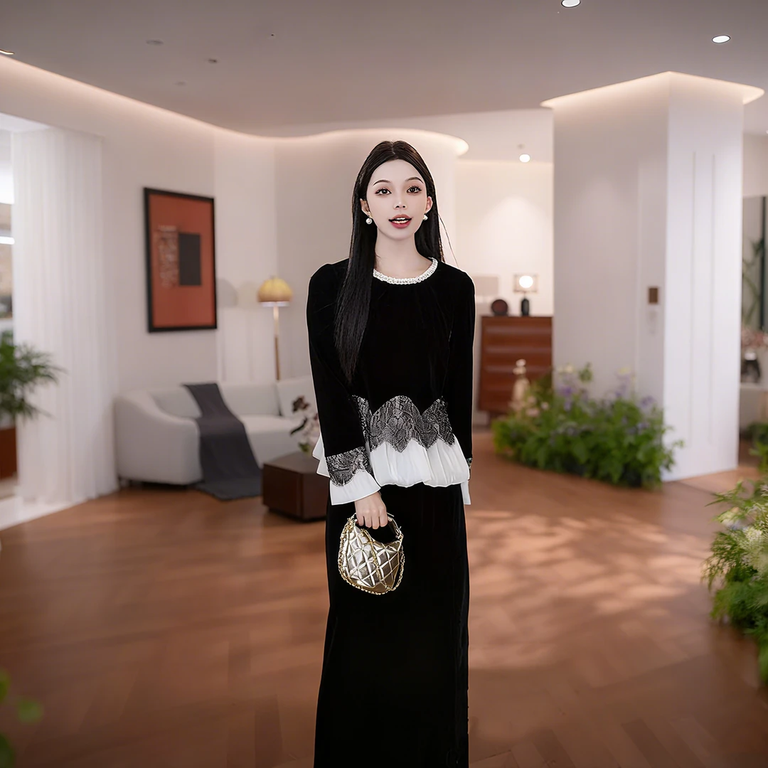 大码女装秋季新款宽松名媛拼接蕾丝两件套胖mm遮肚显瘦半身裙套装