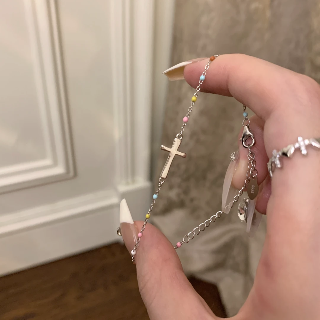 卡柒 铜合金手链 彩虹糖十字架手链女时尚小众设计高级感叠戴手饰