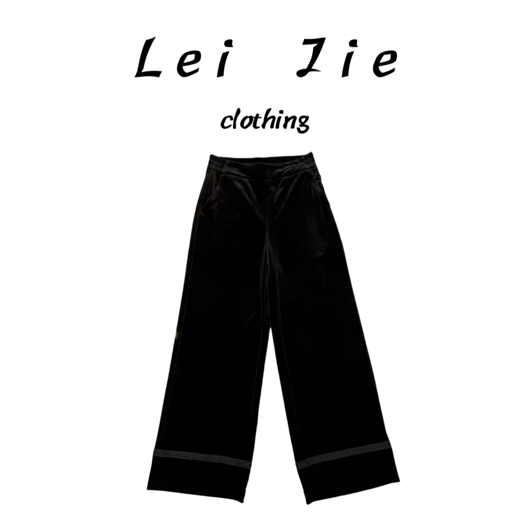 【Lei Jie】国风拼接织带后松紧腰丝绒直筒裤352