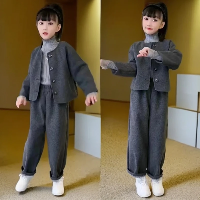 女童2024秋冬气质灰色毛呢套装韩版小香风圆领外套哈伦裤两件套